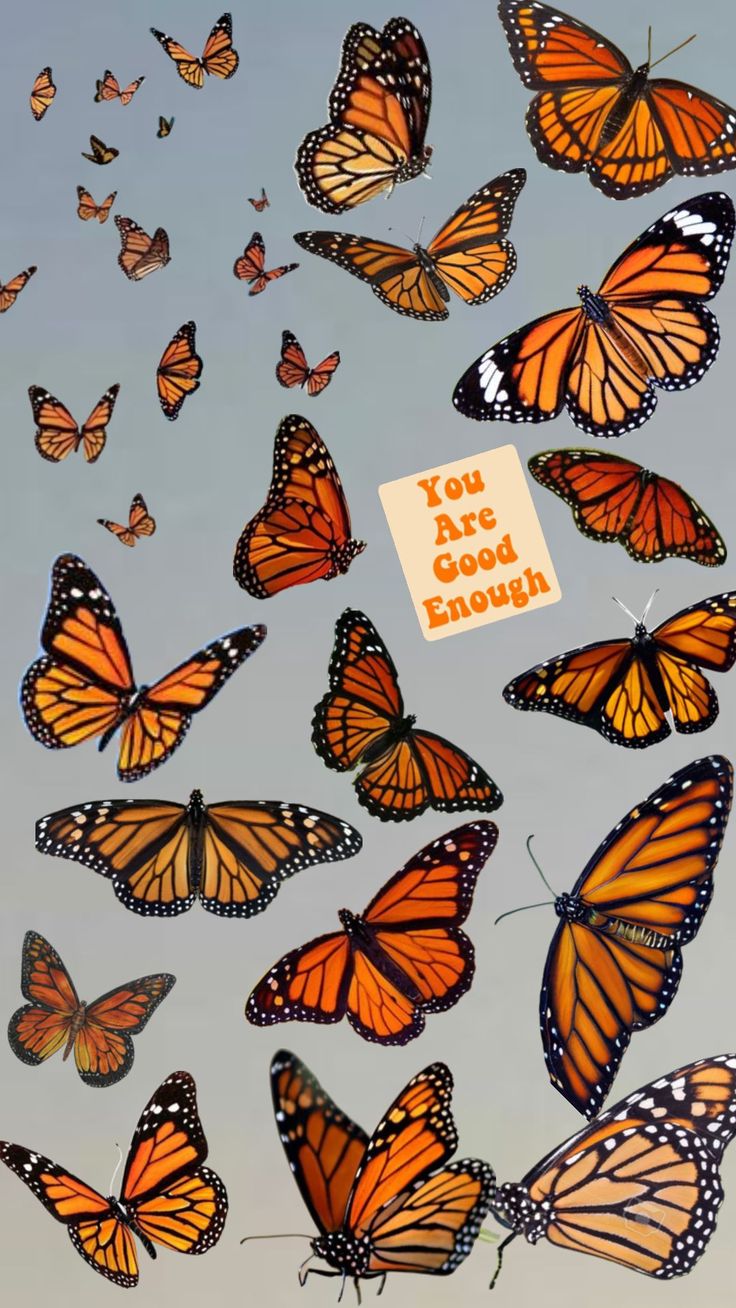 many orange butterflies flying in the sky with a sign that says you are good enough