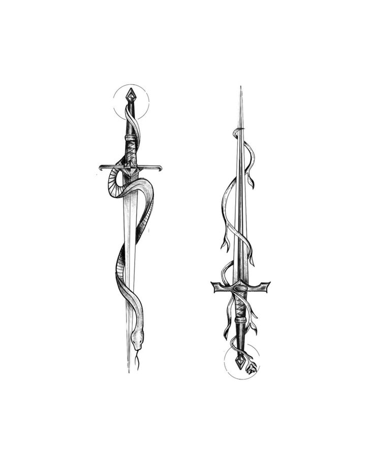 two swords are shown in black and white, one has a snake on it's side