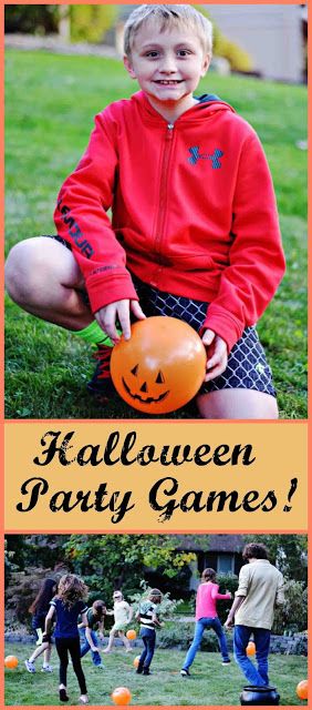 a young boy holding an orange pumpkin in front of his face and the words halloween party games