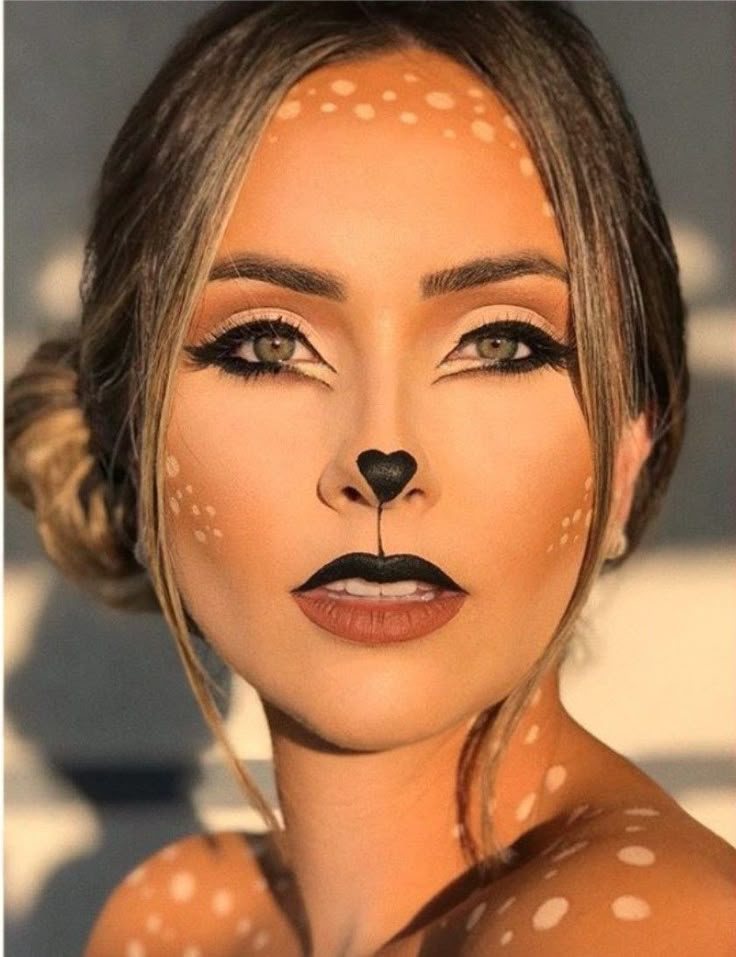 Woodland Deer Makeup, Woodland Animals Halloween Costumes, Fox Halloween Makeup For Women, Cute Lion Makeup, Deer Fairy Makeup, Women’s Deer Makeup, Animal Halloween Makeup Easy, Fox Make Up Halloween, Halloween Fox Makeup