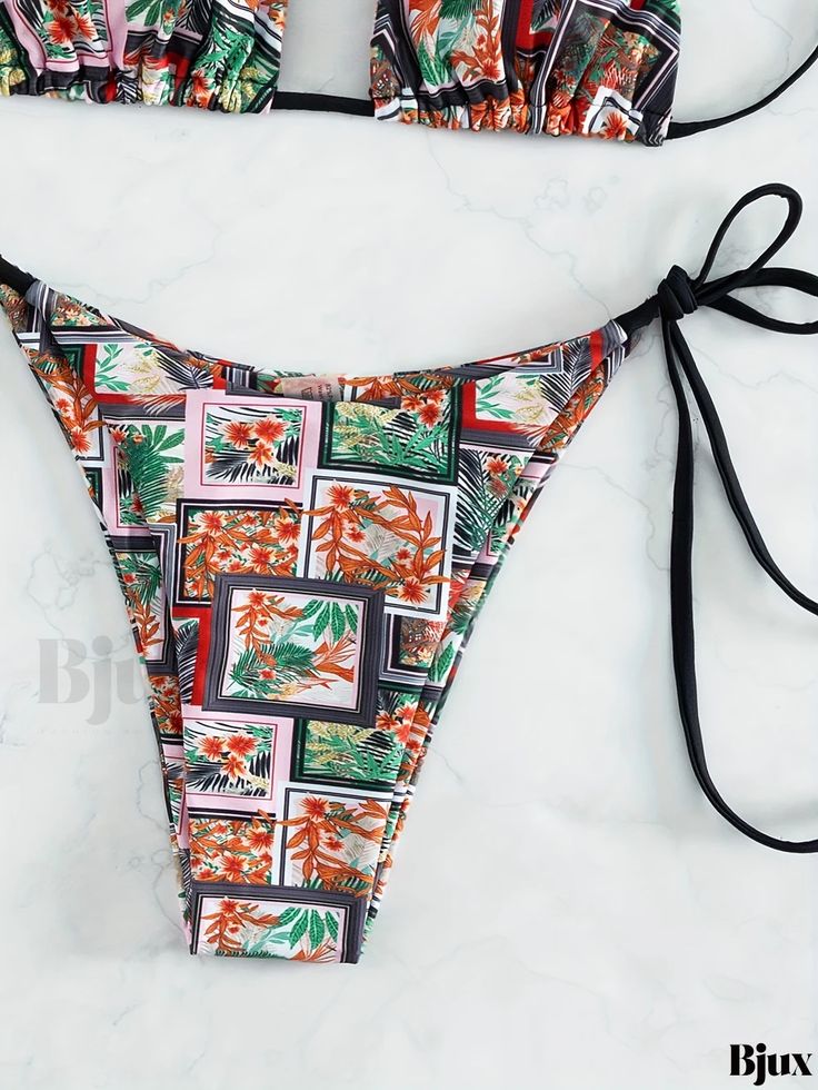 Bjux - Womens Triangle Halter Bikini Set with Drawings Print, featuring High Stretch, Backless Design, and Spaghetti Straps - Ideal for Beachwear and Poolside Fashion Tropical Bandeau Swimwear For Vacation, Tropical Print Bandeau Swimwear For Beach Season, Bandeau Swimwear With Tropical Print For Beach Season, Bandeau Swimwear For Beach Vacation, Bandeau Swimwear For Beach Season Vacation, Bandeau Swimwear For Vacation Beach Season, Summer Bandeau Swimwear With Print, Summer Bandeau Swimwear Printed, Printed Bandeau Swimwear For Summer