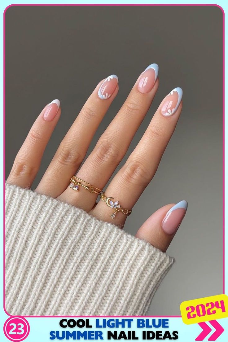 Lovely almond-shaped light blue summer nails with daisy accents, made with gel. Medium length, pastel colors. Perfect for summer festivals or sunny days out. Sweet and charming design. Light Blue Nail Designs, Summer Nail Ideas, Light Blue Nails, Vanilla Milk, Green Nail Designs, Pinterest Nails, Blue Nail Designs, Pastel Nails, Summer Nail