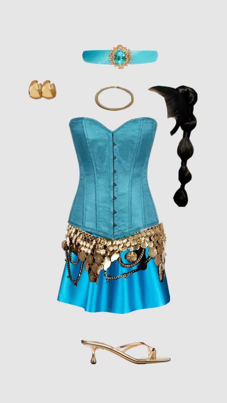 a blue corset with gold accessories is shown in front of a white background