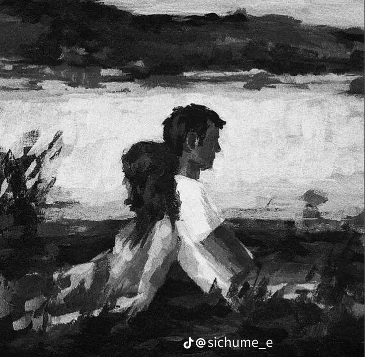 black and white painting of two people sitting next to each other