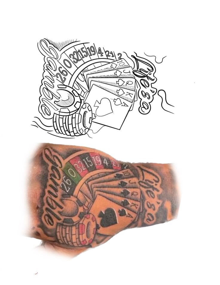 a man's hand with a tattoo on it and an image of a casino machine