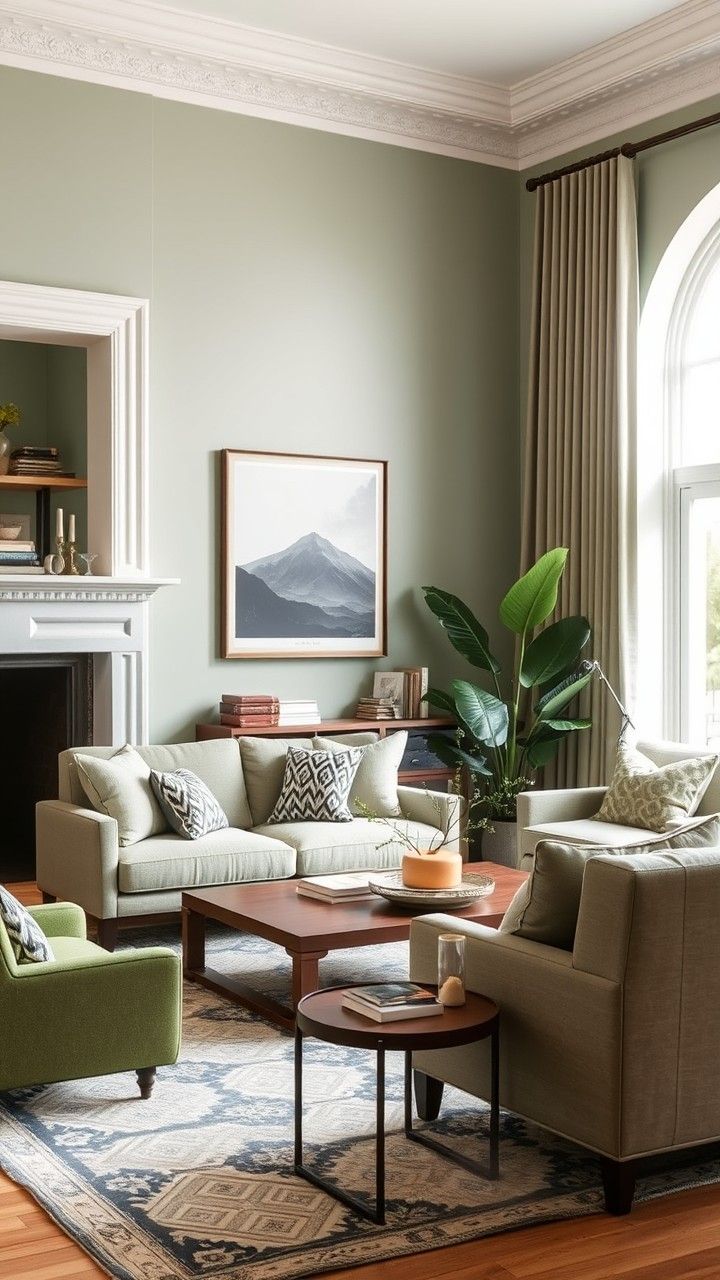 Sage Green Living Rooms Color Combinations Moss Green Living Room Ideas, Living Room Green Brown, Sage Green And White Living Room, Sage Walls Living Room, Layered Area Rugs, Green Living Room Paint, Minimalist Bohemian Living Room, Green Living Room Color Scheme, Sage Green Living Room Ideas