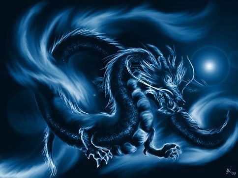 a black and blue dragon on a dark background