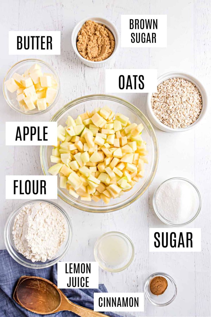 ingredients to make apple oatmeal recipe laid out on a white table top