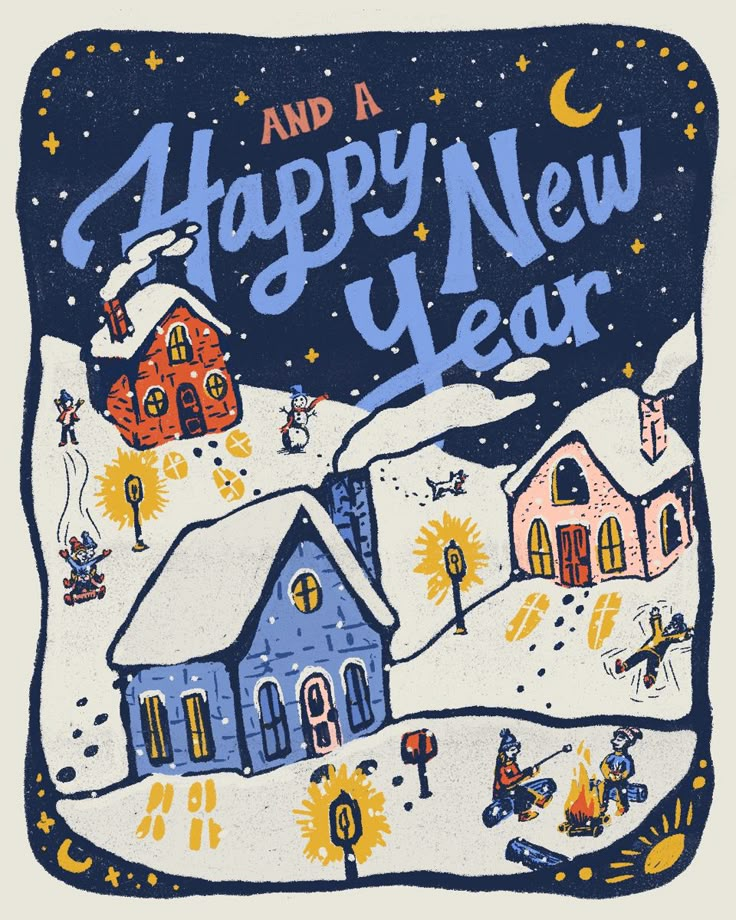 a happy new year card with houses in the snow