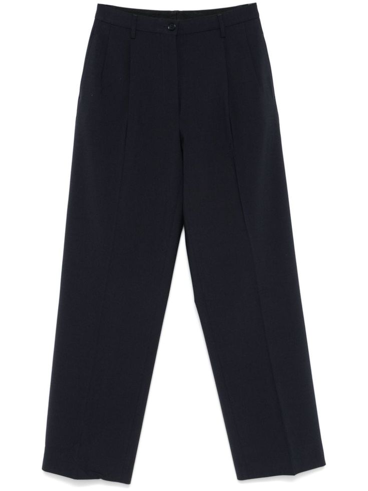 navy blue interlock weave tailored design front button and zip fastening belt loops pleat detailing two side slit pockets rear button-fastening pocket straight leg Tailored Design, High Rise Pants, Tailored Trousers, Straight Pants, Trouser Pants, Bottoms Pants, Womens Bottoms, Top Brands, Straight Leg