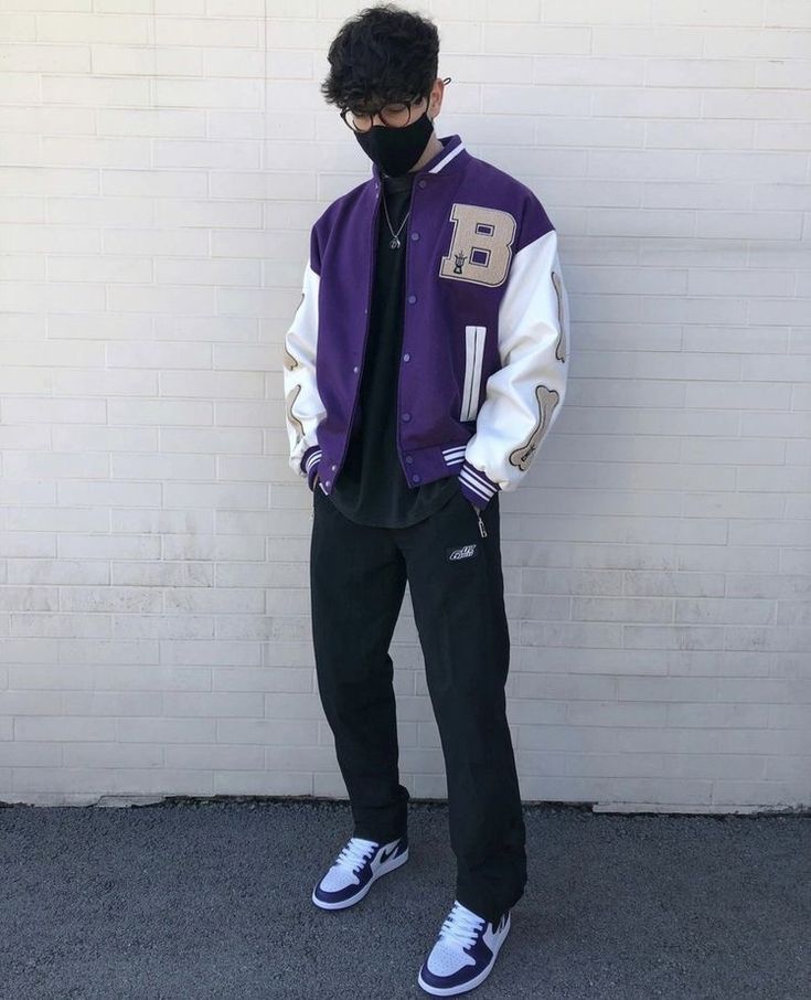 Varsity Jacket Mens Street Style, Purple Outfits Men Street, Purple Black Outfit Men, Purple Varsity Jacket Outfit Mens, Varsity Jacket Outfits Men, Black And Purple Streetwear Outfit Men, Purple And Black Outfits Men, Varsity Outfit Men, Purple Varsity Jacket Outfit