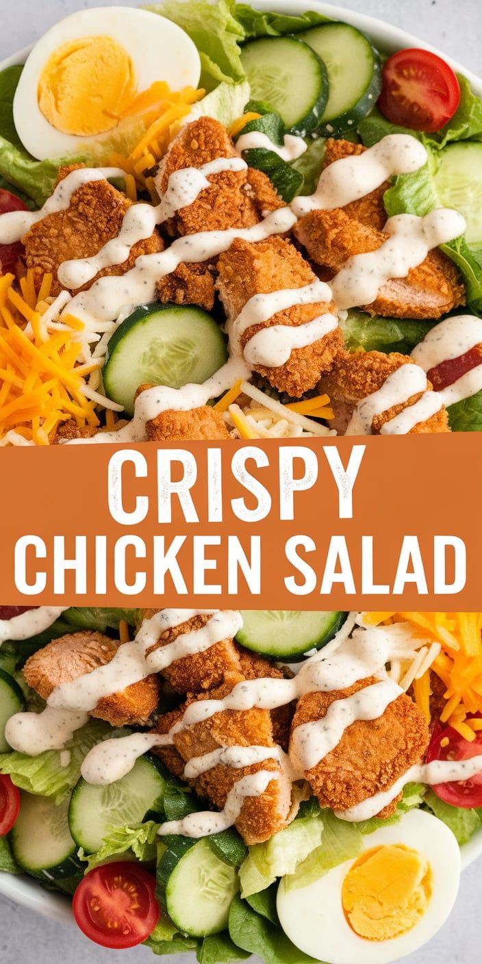 crispy chicken salad in a bowl with dressing drizzled on top