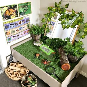 a green table topped with lots of plants next to a mirror and potted plants