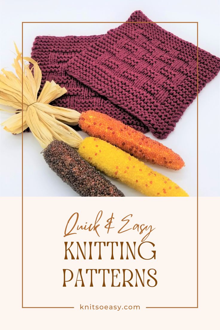 knitted dishcloths with text overlay that reads quick and easy knitting patterns