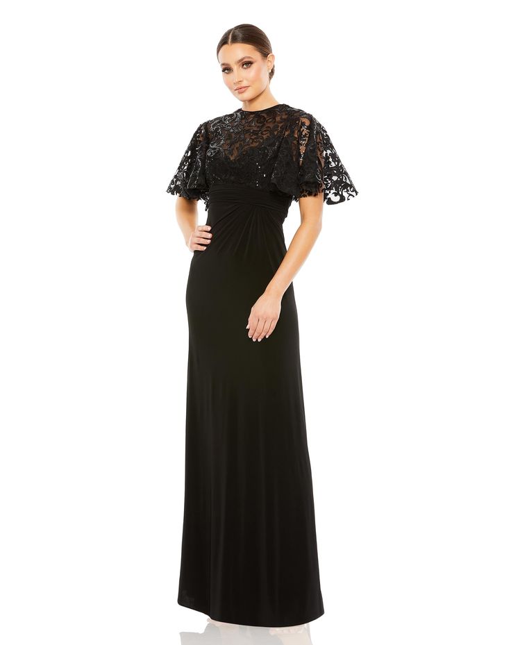 Mac Duggal Embroidered and jersey fabric (100% polyester) Partially lined bodice; fully lined skirt; sheer unlined sleeves High neckline Short butterfly sleeves Embroidered cape accented by hand-stitched sequins Concealed back zipper Approx. 62.5" from top of shoulder to bottom hem Available in Black Style #68002 Embroidered Cape, Mac Duggal Dresses, Sleeve Gown, Mother Of The Bride Outfit, Butterfly Sleeve, Column Dress, Lace Neckline, Mac Duggal, Bride Clothes