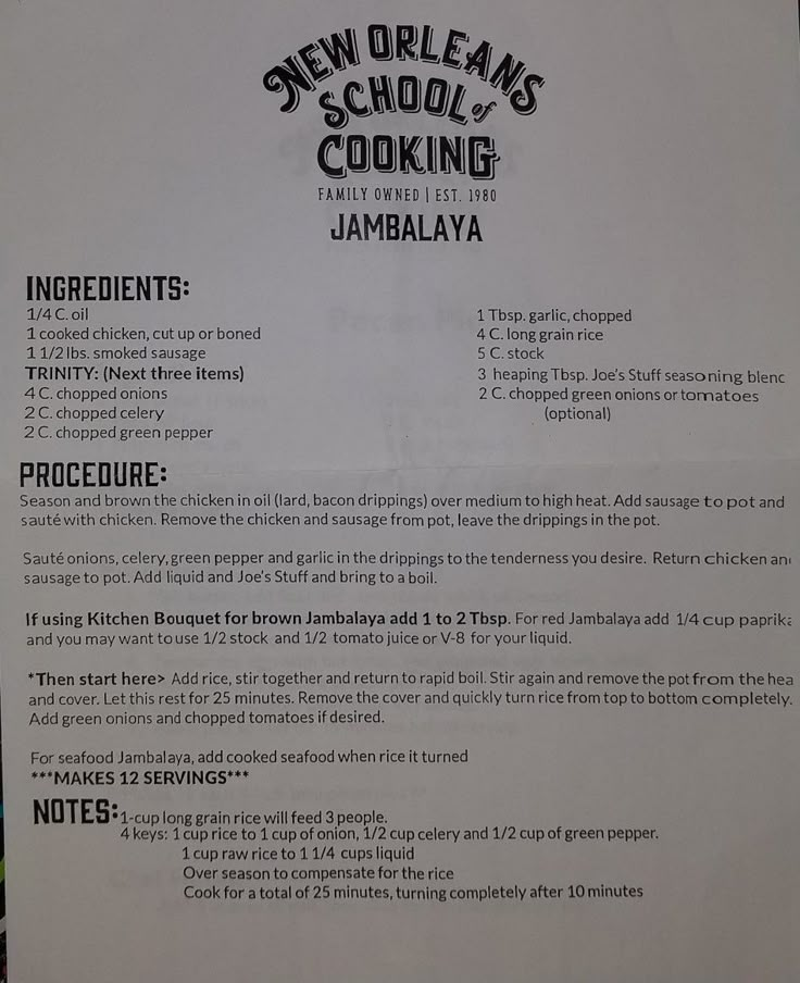 the menu for new orleans school's cooking jambalya