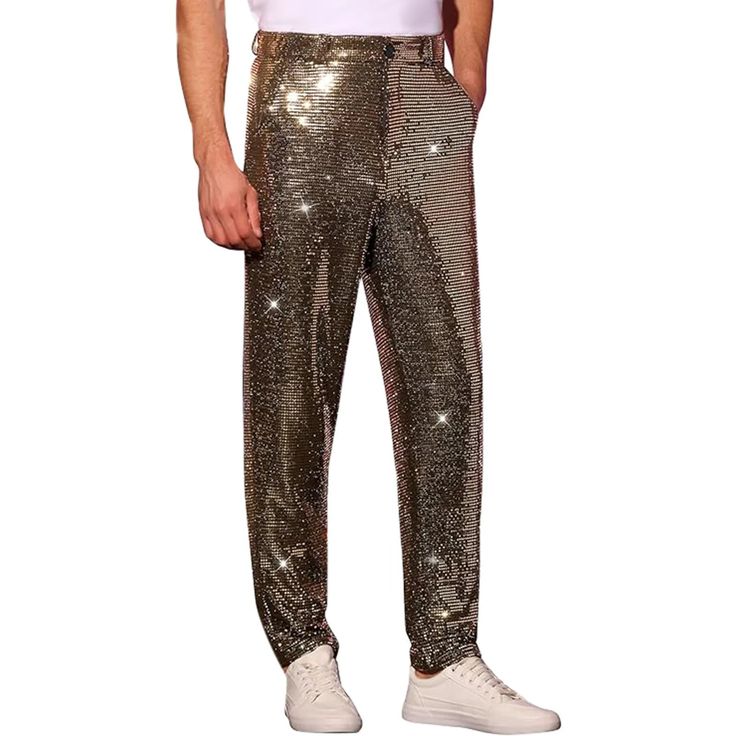 Material: Polyester Discover your ultimate festival look with Venga Store's sequin pants. Perfect for standing out in any crowd, these dazzling pants offer a blend of comfort and style, making them a must-have for your festival wardrobe. Shop now and shine bright at every event with our stunning collection! Sequins Pants For Men's Party Shiny Sparkly Straight Leg Trousers Metallic Disco Pants For Party, Disco Style Pants For Night Out In Spring, Spring Disco Pants For Night Out, Gold Straight Pants For Party, Disco Style Bottoms For Spring Costume Party, Metallic Shiny Bottoms For Party, Gold Straight Party Pants, Gold Bottoms For Party And Festive Occasions, Glamorous Spring Bottoms For Costume Party