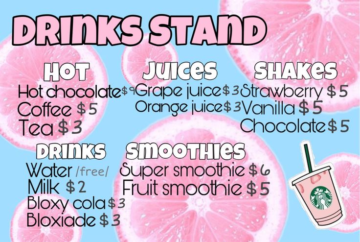 a pink poster with drinks and oranges on it's side, including the starbucks drink list