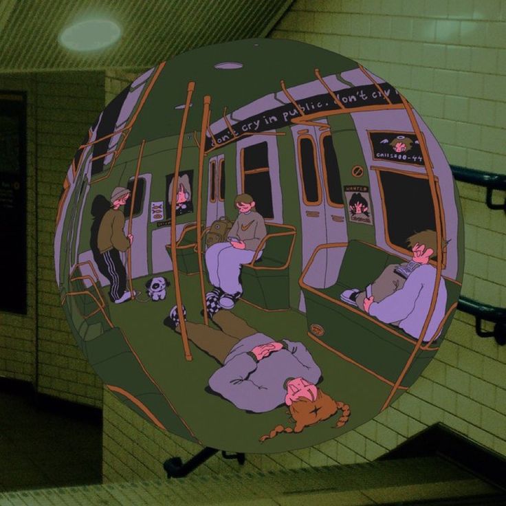 an animated image of people sitting on the subway train in front of a mirror that is reflecting them