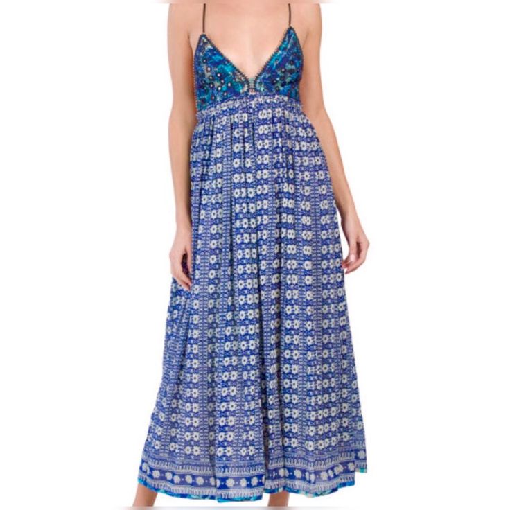 Free People Grommet Detail, Pleated Skirt, Open Back Criss Cross Straps With Floral Pattern, Lined. Sleeveless V-Neck Maxi Dress Type. Cotton/Modal Roughly 58in Length. Never Been Worn. Blue Nwot Fits Like A Small To Medium. Blue Printed V-neck Sundress, Blue Boho Print V-neck Dress, Blue Printed Maxi Dress With Spaghetti Straps, Blue Rayon Dress For Brunch, Sleeveless Blue Maxi Dress With Boho Print, Bohemian Blue Maxi Sundress, Blue Maxi Sundress For Beachwear, Blue Boho Print Sleeveless Sundress, Blue Sleeveless Maxi Dress For Festivals