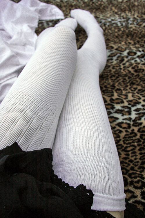 N40s - Another variation of our favorite theme:  thigh-high socks, but made of nylon which helps them stay up really well!  Made in the USA. White Thigh Highs, Thigh Socks, Knee High Stockings, Sock Outfits, White Tights, Stocking Tights, Thigh High Socks, Cute Socks, Long Socks