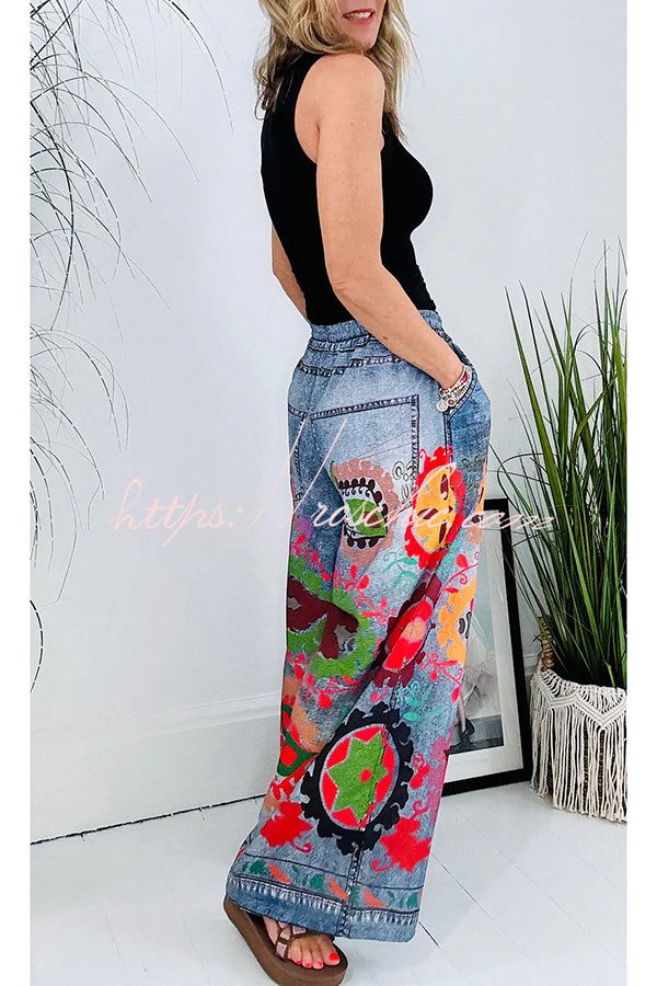 Details Size Chart These hippie print trousers combine the classic look of denim with a unique printed floral design. The elasticated waistband features a drawstring for comfort and style. In addition to its long, wide legs, these pants offer a flattering and stylish silhouette.     Length: Ankle-Length Material: Polyester Elasticated waist with ties Style: Vacation Wear Fit Style: Loose Fit @Note: Size: please check measurements carefully Please allow 0.5-1" difference due to manual measurement Different monitor settings means colors may differ slightly 1" = 2.54cm @ Size(inch) Waist Hips Bottom length S 24.02 42.52 42.32 M 24.8 44.09 42.72 L 25.59 45.67 43.11 XL 26.38 47.24 43.5 2XL 27.17 48.82 43.9 3XL 27.95 50.39 44.29 Estilo Hippy, Mode Hippie, Denim Print, Street Graffiti, Mini Robes, Vacation Wear, Graffiti Prints, Cardigan Sweater Dress, Floral Denim