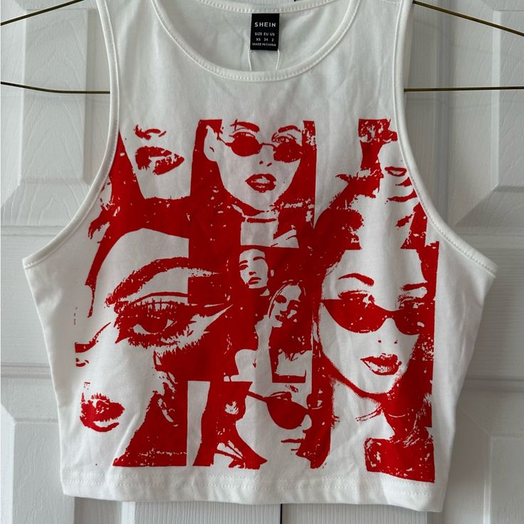 White/Red Tee Crop To, Nwt, Size Xs, By Shein White Sleeveless Crop Top For Streetwear, Red Screen Print Tops For Summer, Red Summer Tops With Screen Print, Red Tank Top For Streetwear, Trendy White Crew Neck Tank Top, White Printed Top For Streetwear, White Printed Sleeveless Crop Top, White Sleeveless Printed Crop Top, Trendy Red Tops With Screen Print