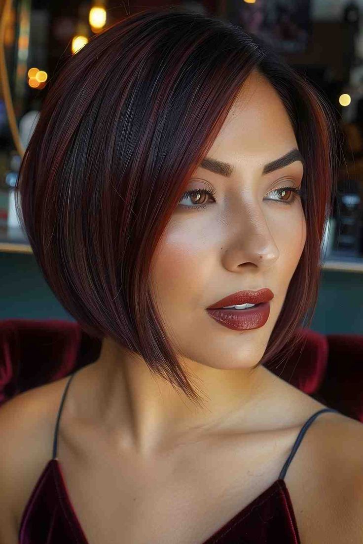 The Best Bob Haircuts & Hairstyles of 2024 Brown Bobs Haircuts, Short Burgundy Hair Bob, Bob Haircut 2024 Trends, Woman Bob Haircut, Bubble Bob Haircut 2024, Red Brown Short Hair, Dark Red Bob, Red Bob Hairstyles, Short Sleek Bob