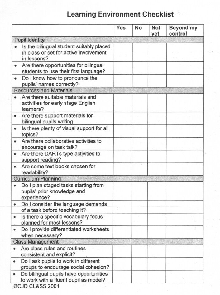 a checklist with the words learning environment checklist written in black and white on it