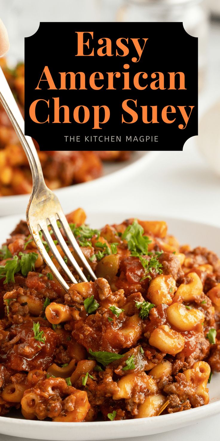 the cover of easy american chop suey, with a fork in it and another plate full of pasta