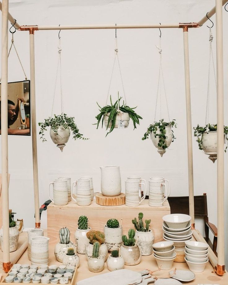 a table topped with lots of potted plants next to white plates and pans