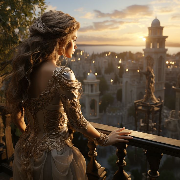 a woman in a dress looks out over the city at sunset from a balcony railing