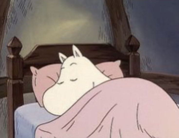 a cat sleeping on top of a bed under a pink blanket in a cartoon style