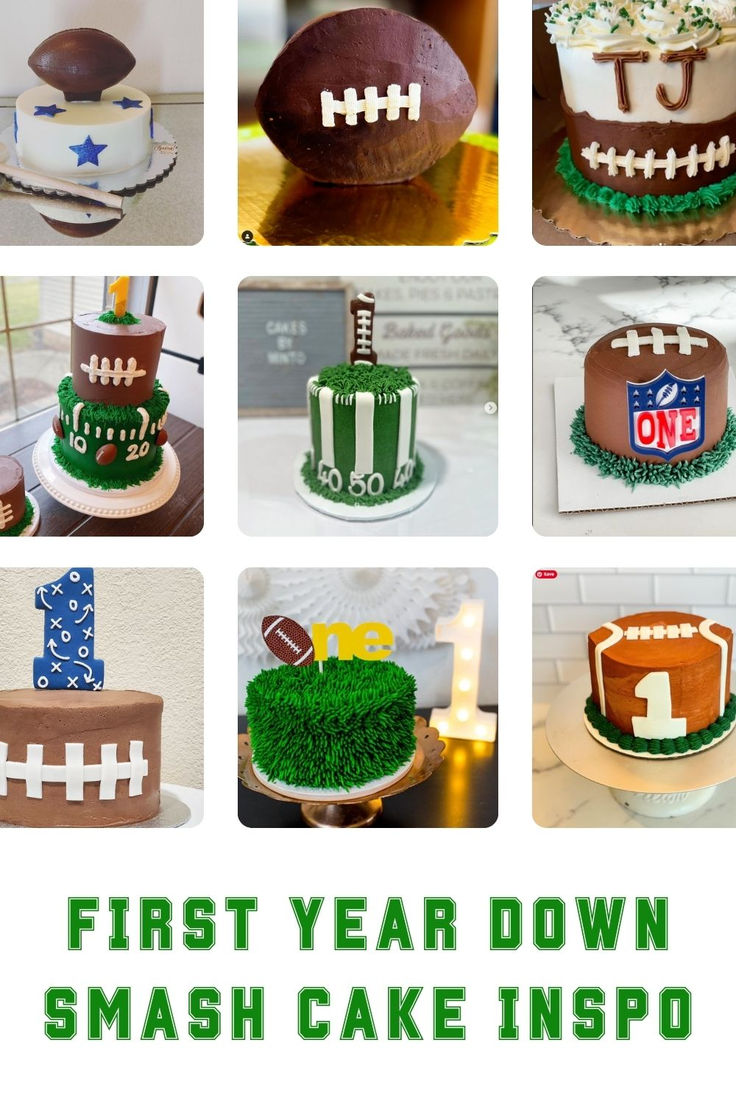 A collage of various football themed cakes perfect for a 1st birthday. These first year down smash cakes include football smash cake designs, first birthday smash cake football ideas, and cake smash boy 1st birthday football themes. Ideal for parents planning a football first birthday, these first year down cake smash options range from simple football designs to more elaborate first year down football birthday cake smash creations. Football Birthday Outfit, Touchdown To One Birthday, Football Party Cake Ideas, Diy Football Smash Cake, First Year Down Cake Smash, First Down Football Birthday Party Cake, Super Bowl Birthday Cake, Sports Party Cake, First Year Down Birthday Cake