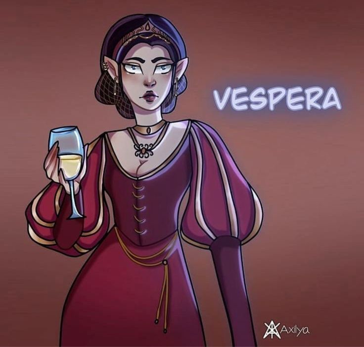 a woman in a red dress holding a wine glass with the word vespera on it