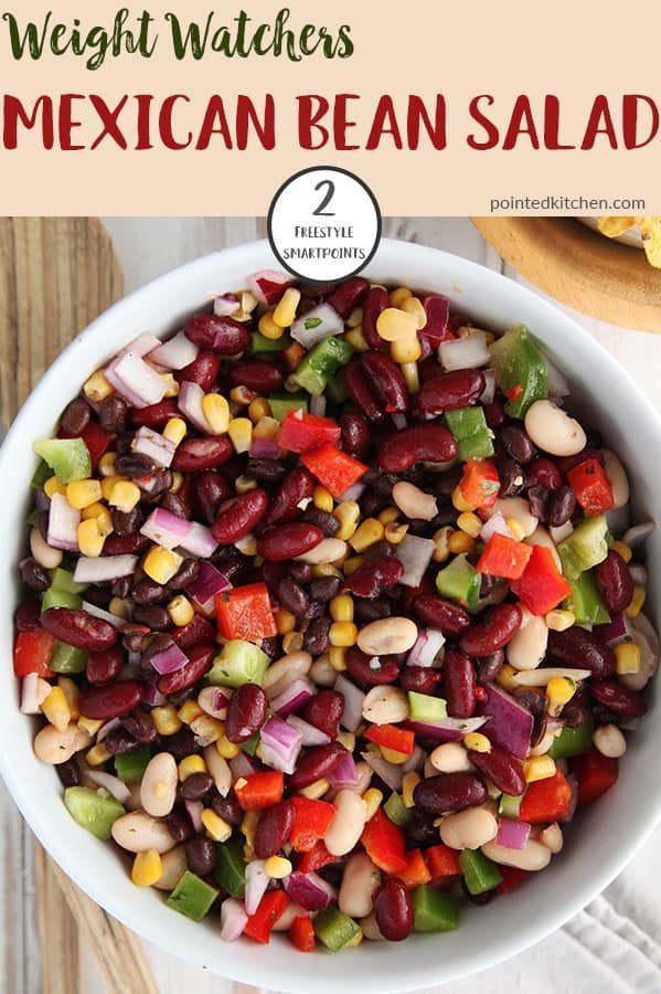 mexican bean salad in a white bowl with text overlay that reads, weight watchers mexican bean salad