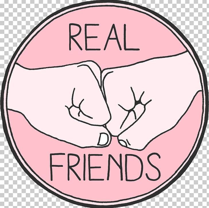 two hands touching each other with the words real friends in front of them on a pink circle