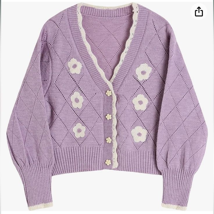 Autumn Sweet Flowers V-Neck Long Sleeve Button Knitted Sweater Cardigan Nwot Size Medium - No Size Tag Woman’s Light Purple Cardigan W/ Flowers Ao Lavender Sweater, Academia Clothes, Sweet Flowers, Harajuku Women, Fall Cardigans, Purple Cardigan, Cute Jackets, Knitted Coat, Purple Sweater