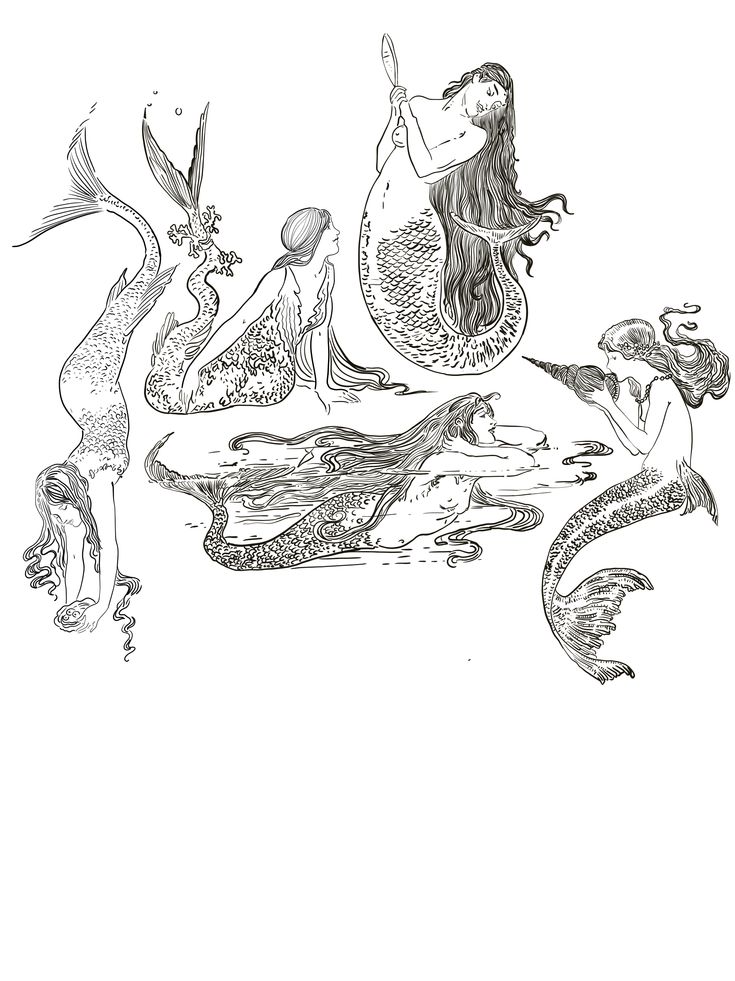 an ink drawing of mermaids swimming in the ocean