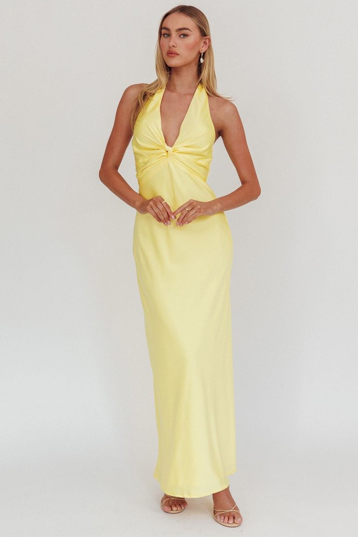 Halter neck front twist maxi dress in lemon with open back and bow tie. Neck Bow Tie, Halter Neck Maxi Dress, Neck Bow, Lemon Dress, Curvy Jeans, Curvy Dress, Bright Side, Maxi Dress Blue, Yellow Dress