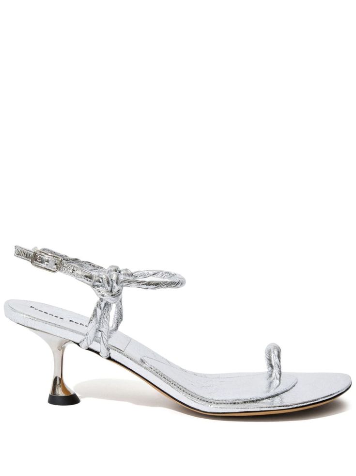 silver-tone calf leather metallic effect single toe strap buckle-fastening ankle strap branded leather insole sculpted heel Silver Sandals With Padded Heel And Pointed Toe, Metallic Sandals With Heel Strap And Pointed Toe, Silver Single Toe Strap Sandals For Formal Occasions, Silver Sandals With Single Toe Strap For Formal Occasions, Formal Silver Sandals With Single Toe Strap, Silver Open Toe Sandals With Wrapped Heel, Silver Sandals With Heel Strap And Open Heel, Metallic Silver Ankle Strap Sandals For Formal Occasions, Silver Sandals With Heel Loop And Pointed Toe