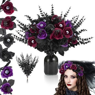 a woman with flowers in her hair next to a vase filled with purple and black flowers