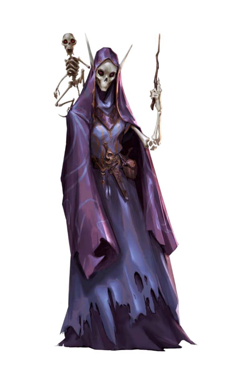 a skeleton in a purple dress holding a stick