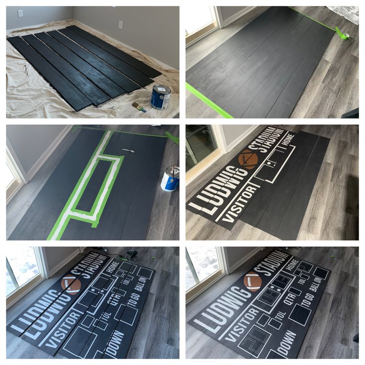 the process of painting an indoor basketball court with vinyl flooring and wood planks