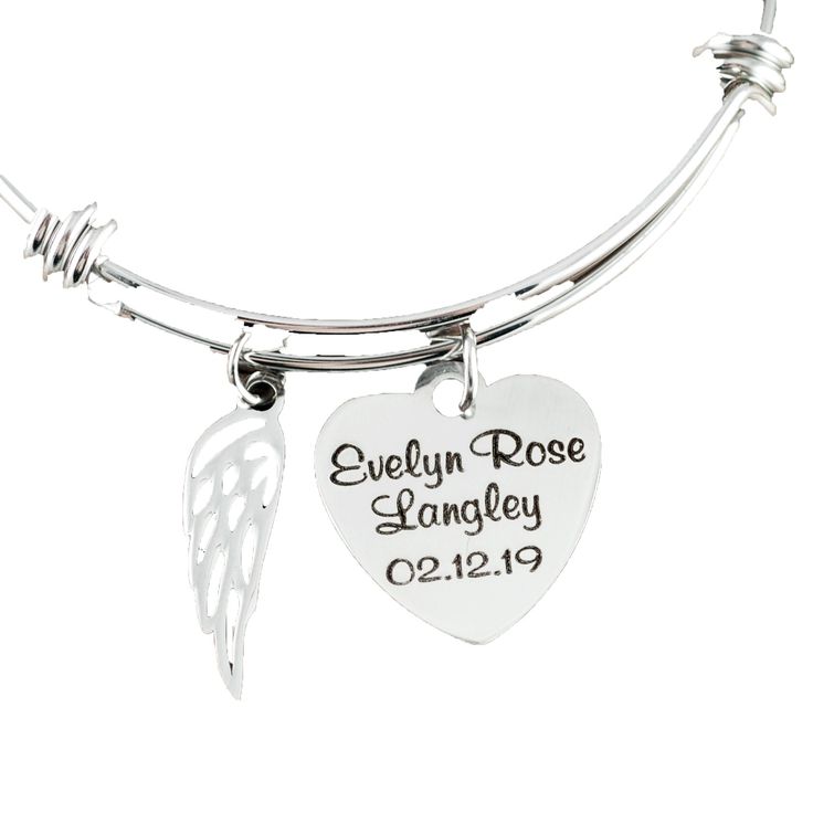 "Personalized Memorial Bracelet, Memorial Gift, Sympathy Gift for Her, Remembrance Jewelry, Loss of Loved One, Silver Angel Wing Bracelet This is laser engraved into high quality heavy gauge stainless steel. Each Heart Pendant Measures approx. 7/8\" Details for Bracelet: * Stainless Steel Bangle * ONE - 7/8\" Stainless Steel Round Disc with Name & Date or wording of your choice * Silver Angel Wing Other metal color options can be chosen ( Silver, Gold, Rose Gold) How to order: 1. Add this it Heart-shaped Jewelry For Mother's Day Remembrance, Engraved Jewelry For Mother's Day Remembrance, Mother's Day Remembrance Engraved Jewelry, Spiritual Heart Bracelet For Valentine's Day Gift, Spiritual Heart Bracelet With Heart Charm For Gift, Spiritual Heart Charm Bracelet For Gift, Spiritual Heart Bracelet With Charm As Gift, Adjustable Stainless Steel Keepsake Jewelry, Silver Engraved Bracelet For Memorials