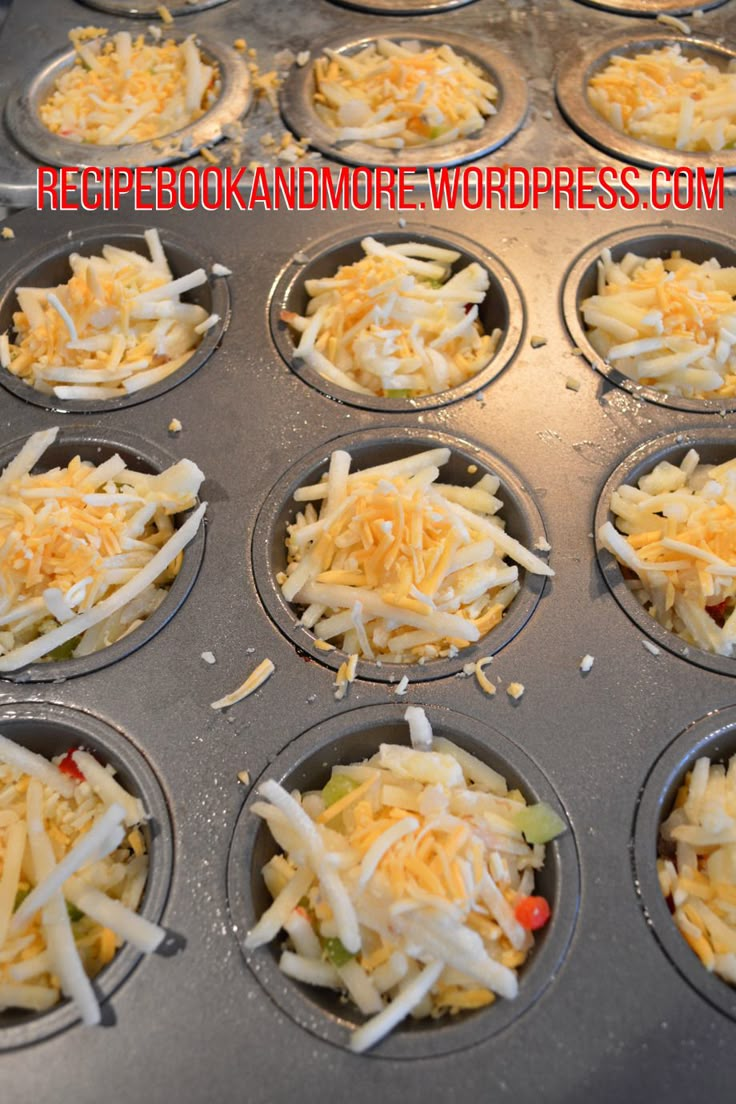 a muffin tin filled with cupcakes covered in cheese