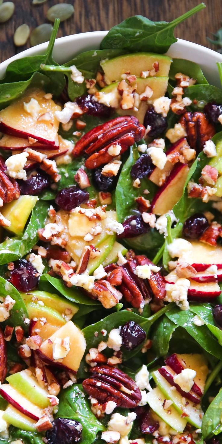 Apple Spinach Salad with Pecans, Cranberries, Goat Cheese, and homemade Maple-Lime Mustard Dressing. Pecan Salad Dressing, Spinach Goat Cheese Salad, Apple Spinach Salad, Salad With Pecans, Christmas Salad Recipes, Spinach Salad Recipes, Salad Dressing Recipe, Pecan Salad, Fresh Salad Recipes