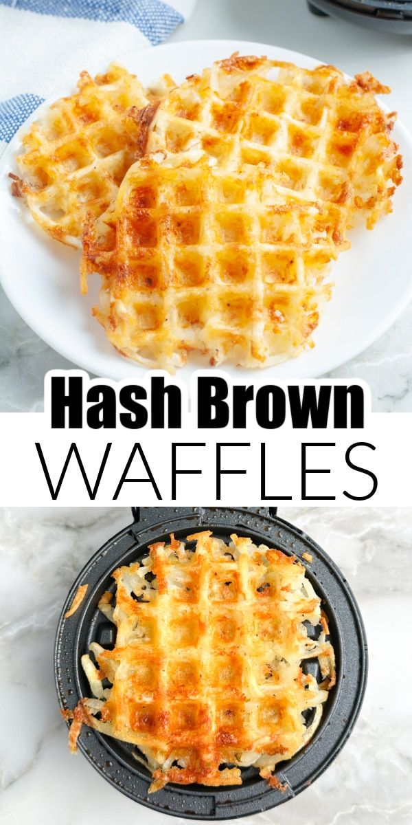 hash browns waffles on a white plate with text overlay