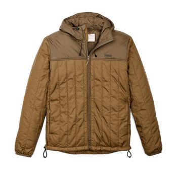 Made with a 1.5-oz. Cordura® ripstop nylon shell and insulated with 60g PrimaLoft® Gold, the Filson Ultra-Light Hooded Jacket is highly packable and surprisingly warm—made to be worn solo or as an insulating mid-layer in colder temperatures. Because PrimaLoft® Gold retains 98% of its warmth when wet, it boasts unmatched versatility in any weather. The full-length zipper has a zipper garage, so it’s comfortable when zipped all the way to the chin. The elastic cuffs and drawcord-adjustable hood and hem ensure a snug fit that seals in warmth, and zippered, Moleskin-lined handwarmer pockets add even more warmth and comfort. Features an interior zippered security pocket and a double layer of fabric over the yoke for durability. | Filson Ultralight Hooded Jacket GldOchrBch Size XS Functional Quilted Hooded Jacket For Outdoor, Insulated Fall Outdoor Windbreaker, Outdoor Nylon Hooded Jacket With Double-lined Hood, Nylon Puffer Jacket With Double-lined Hood For Outdoor, Quilted Windbreaker For Outdoor Fall Activities, Quilted Windbreaker For Fall Outdoor Activities, Quilted Windbreaker For Fall Outdoor, Quilted Nylon Outerwear For Outdoor, Hooded Insulated Nylon Windbreaker