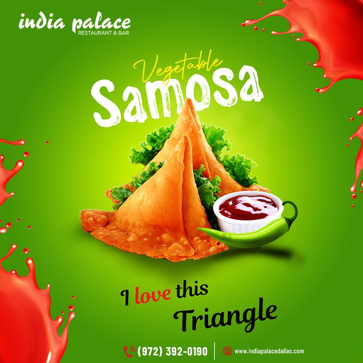 an advertisement for samosa with sauce and vegetables